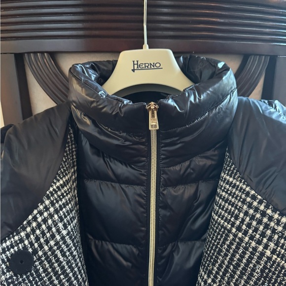 Herno Women’s Button Zip Front Glen Plaid Down Quilted Jacket Black White IT 46 - Picture 9 of 16